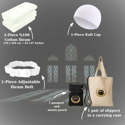 11 Piece Hajj Umrah Ihram Set for Men, Premium Turkish Cotton Ihram Towels 43x87 Inches, Muslim Pilgrimage Essentials Kit with Belt, Prayer Mat, Tasbih & Bags