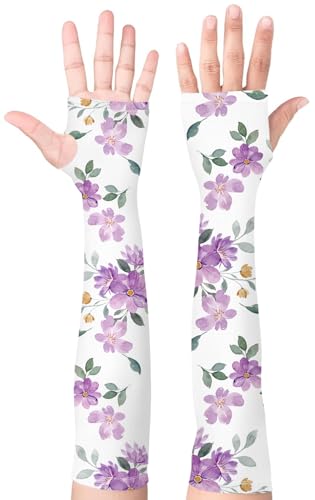 Bebila Gardening Sleeves for Women Farm UV Sun Protection Anti-Scratch Cooling Sleeves with Thumb Hole Arms Cover Outdoors - color: Light Purple Flower