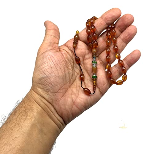 EXCLUSIVE COLLECTION -Handmade Silver Engraved Bakelite Tesbih, Tasbih, Islamic Rosary, Islamic Prayer Beads, Misbaha (7x10 mm 33 Honey Color Rice Beads) - color: 7x10 mm 33 Honey Color Rice Beads
