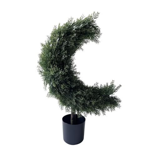 Artificial Crescent Moon Topiary Tree Ramadan Eid Mubarak Decoration Potted Faux Green Plant for Islamic Festival Indoor Home Christmas Decor (63cm/25inch)