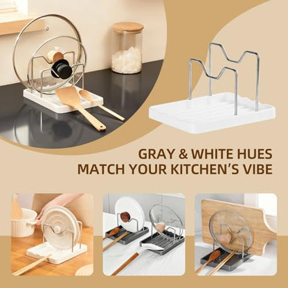 2 in 1 Pot Lid Holder & Spoon Rest for Kitchen Counter, Plastic Utensil Rest with Stainless Steel Pan Lid Holder Organizer While Cooking, Countertop Space Saving Pot Cover Rack | Easy to Clean - color: White- 1 Pack
