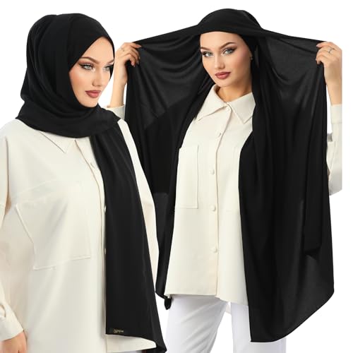 Instant Hijab 여성용 스카프 - 프리미엄 헤비 크레이프 (메디나) 헤드 스카프 랩 - 실용적인 무슬림 인스턴트 히잡 - color: 블랙 M1