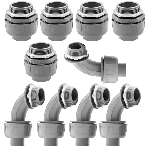 10 Pack 1 Inch Liquid Tight Connectors - PVC Electrical Conduit Fittings, Straight, 90 and 180 Degree Non-Metallic Flexible Connectors for Home, Bathroom, and Kitchen, Gray - size: 1 Inch 10-Pack (90D+180D)