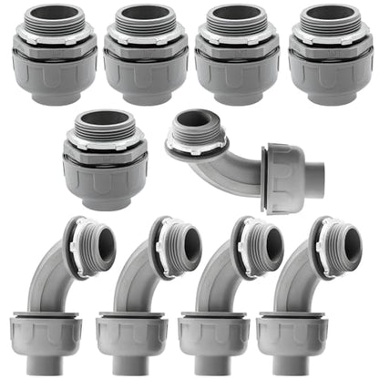 10 Pack 1 Inch Liquid Tight Connectors - PVC Electrical Conduit Fittings, Straight, 90 and 180 Degree Non-Metallic Flexible Connectors for Home, Bathroom, and Kitchen, Gray - size: 1 Inch 10-Pack (90D+180D)
