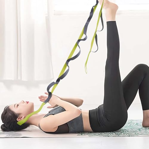 10 Loop Yoga Stretching Strap for Physical Therapy - Non-Elastic Exercise Band for Pilates, Yoga, Stretching for Women & Men - color: Green/Grey