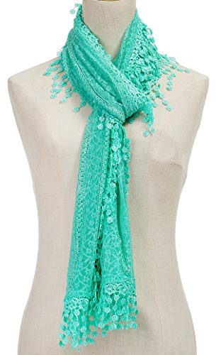 Cindy & Wendy Lightweight Soft Leaf Lace Fringe Scarf Bridal Shawl for Women - color: Turquoise-2
