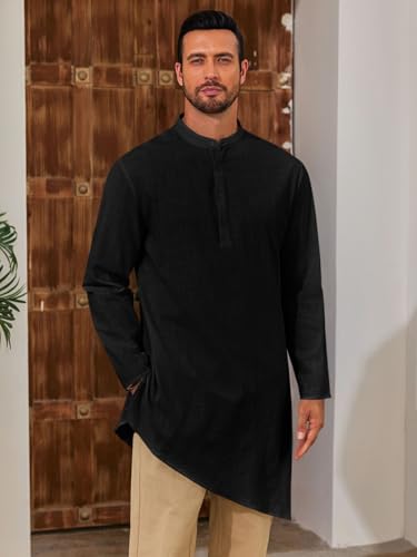 Runcati Mens Kaftan Robe Thobe Cotton Long Sleeve Henley Shirt Casual Muslim Gown Kurta Tops - color: Black, size: XX-Large