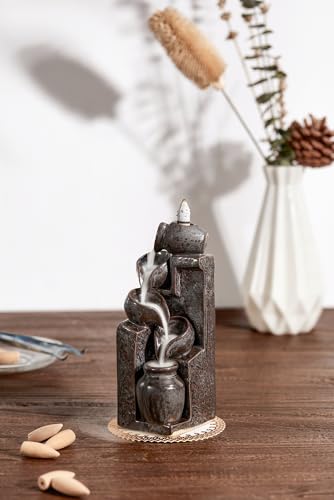 Unique Cascading Basins Ceramic Waterfall Incense Holder, Paired with a Pack of Backflow Incense Cones. (Metallic) - color: Metallic