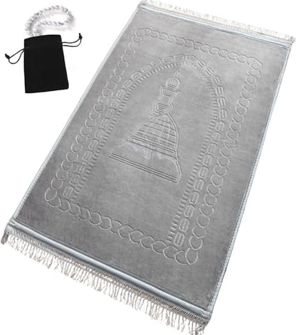 Prayer Rug Muslim Mat Islamic - Luxurious Velvet Turkish Prayer Rug Sajadah for Kids Men Women for Eid Travel Ramadan, Soft and Luxury (Gray) - color: Grey