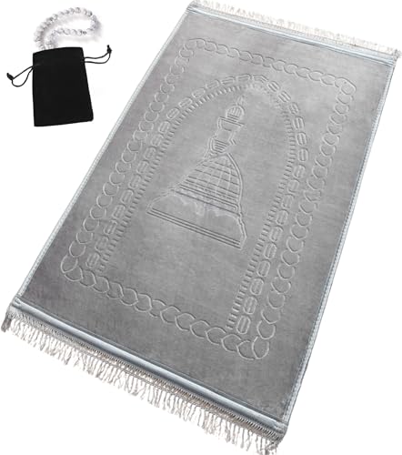 Prayer Rug Muslim Mat Islamic - Luxurious Velvet Turkish Prayer Rug Sajadah for Kids Men Women for Eid Travel Ramadan, Soft and Luxury (Gray) - color: Grey