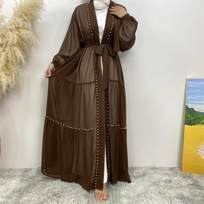 Abayas For Women Muslim Ramadan Long Sleeve Open Front Imitation Pearls Tiered Chiffon Dress Cardigan with Belt Dubai Kaftan - color: Coffee, size: X-Large