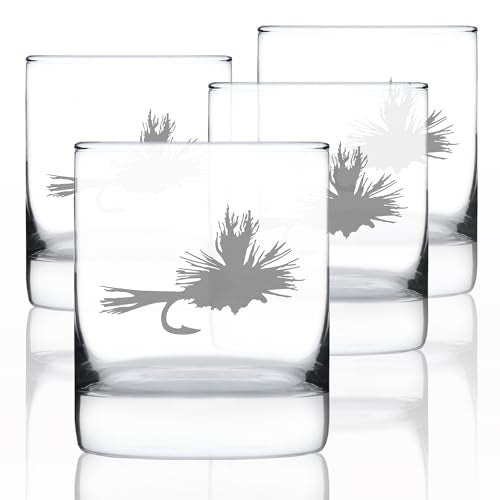 Fly Fishing Whiskey Rocks Glass for Flyfishing Gifts - 10.25 oz - Set of 4 | Bevvee Fishing gift ideas for anglers, fishermen and lake house bars. Old fashioned glass for whiskey, bourbon and cocktails - style: Set of 4