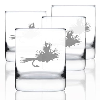 Fly Fishing Whiskey Rocks Glass for Flyfishing Gifts - 10.25 oz - Set of 4 | Bevvee Fishing gift ideas for anglers, fishermen and lake house bars. Old fashioned glass for whiskey, bourbon and cocktails - style: Set of 4