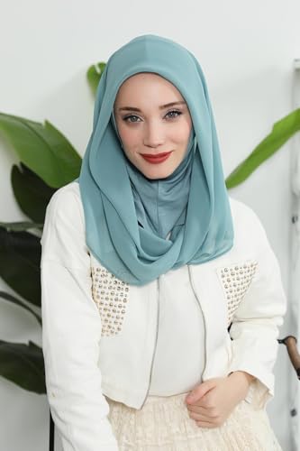 Aisha's Design Pre-tied Cotton-Chiffon Scarf for Women Practical Veil Instant Scarf Hijab Stylish Design - color: Almond Green