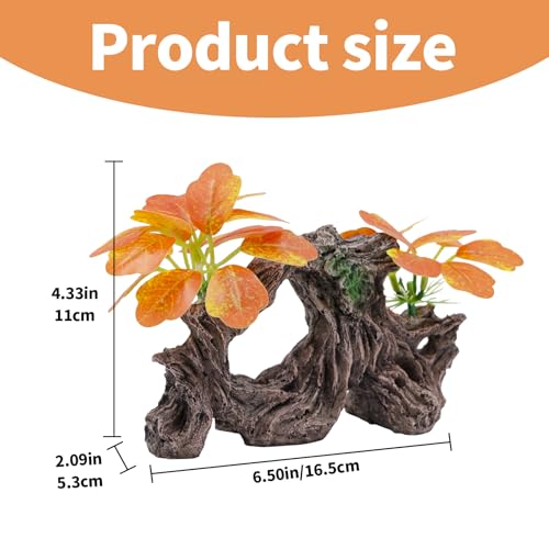 Fish Tank Decoration Aquarium Ornament with Silk Leaf Plants and Artificial Driftwood Cave Hideout Safe for Betta Fish