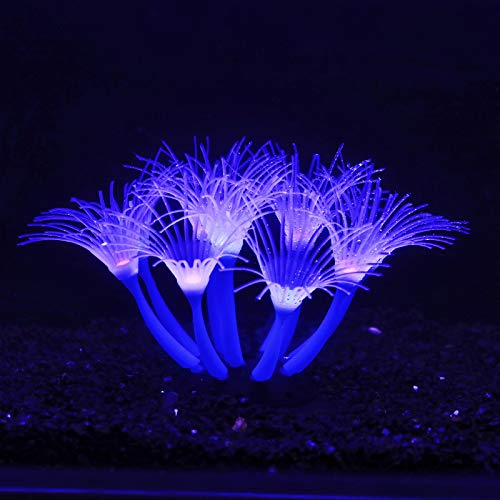 Glow-in-the-Dark Silicone Aquarium Flower (Blue, Sunflower) | Glow-in-dark silicone flower sways with water flow. Safe silicone, changes color under light. Aquarium decor. - color: Blue