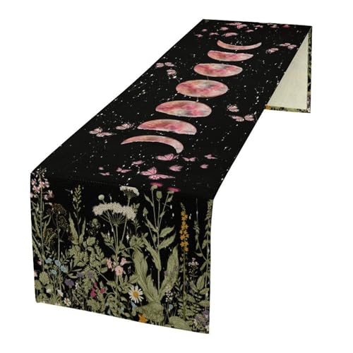 Moon Phase Table Runner, Wildflower Fairy Witchy Floral Butterfly Table Runner for Kitchen Holiday Dining Wedding Outdoor 13x36in - color: Moon-6, size: W13''xL36''