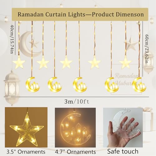 Ramadan Curtain Lights,135 LED Star & Castle String Lights,USB Powered Dimmable Twinkle Curtain Fairy Lights,8 Lighting Modes Warm White Window Light,Ramadan Decorations for Home Indoor Decor
