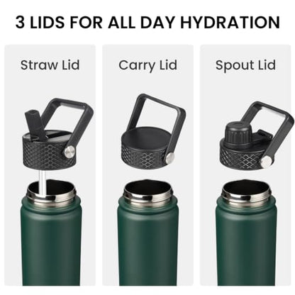 Konokyo 40oz Insulated Water Bottle Stainless Steel Sport Bottles with 3 Lids,Army Green - color: Army Green, size: 40 Ounces