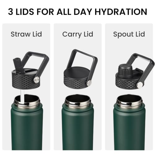 Konokyo 22oz Stainless Steel Bottles with 3 Lids Sport Insulated Water Bottle,Army Green - color: Army Green, size: 22 Ounces
