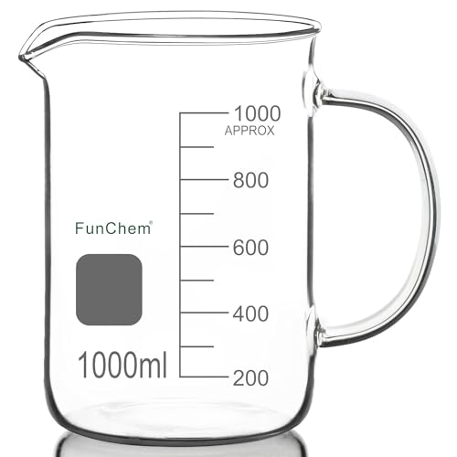 FunChem Glass Beaker with Handle, 1000 ml Borosilicate Glass Clear Graduated Low Form Griffin Beaker with Pouring Spout - size: 1000 ml