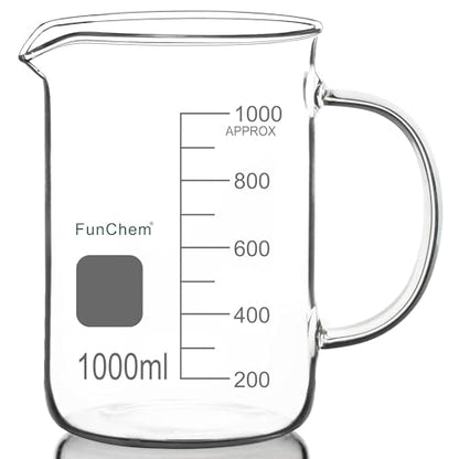 FunChem Glass Beaker with Handle, 1000 ml Borosilicate Glass Clear Graduated Low Form Griffin Beaker with Pouring Spout - size: 1000 ml