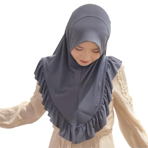 MioCloth Women One Piece Hijabs Elegant Ruffle Trim Soft Beanie Cap Turban Head Wrap Scarf Prayer Veils Headcover - color: Grey Blue