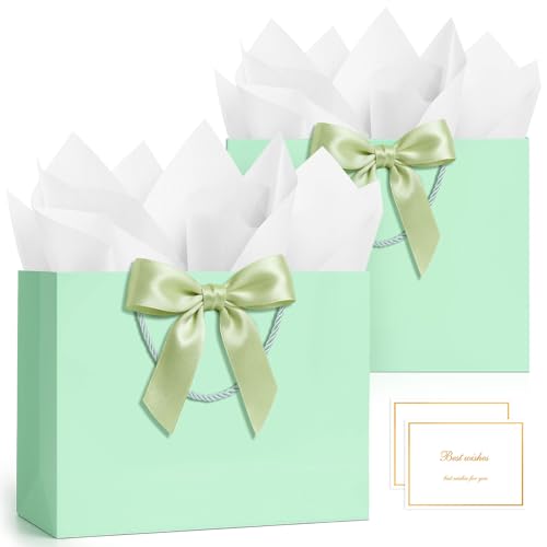 ANZNKU 2PCS Green Gift Bags with Handles, Cute Medium Gift Bags with 4 Tissue Paper 2 Ribbons 2 Cards for Wedding Bridal & Baby Shower Graduation Birthday Engagement Party Favors Present Wrapping - color: Mint Green