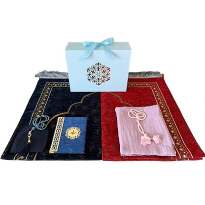 SAIKA 7 Pieces Prayer Rug Set, Prayer Rug Set for Couples & Families, Prayer Beads, Scarf, Muslim Hat, Prayer mats & Short Surahs Book, Islamic Gift, Janmaz, Salah mat, Rmadan Gift (Blue Box Set) - color: Blue Box Set