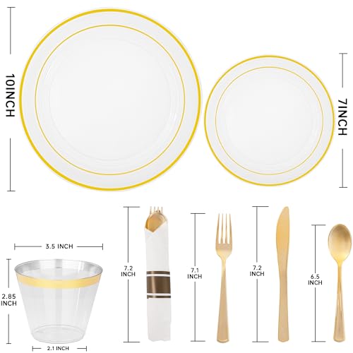 175PCS Clear Gold Plastic Dinnerware Set for 25 Guests, Fancy Disposable Plates for Party, Include: 25 Dinner Plates, 25 Dessert Plates, 25 Pre Rolled Napkins with Gold Silverware, 25 Cups - color: Clear and Gold