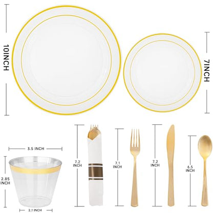 175PCS Clear Gold Plastic Dinnerware Set for 25 Guests, Fancy Disposable Plates for Party, Include: 25 Dinner Plates, 25 Dessert Plates, 25 Pre Rolled Napkins with Gold Silverware, 25 Cups - color: Clear and Gold
