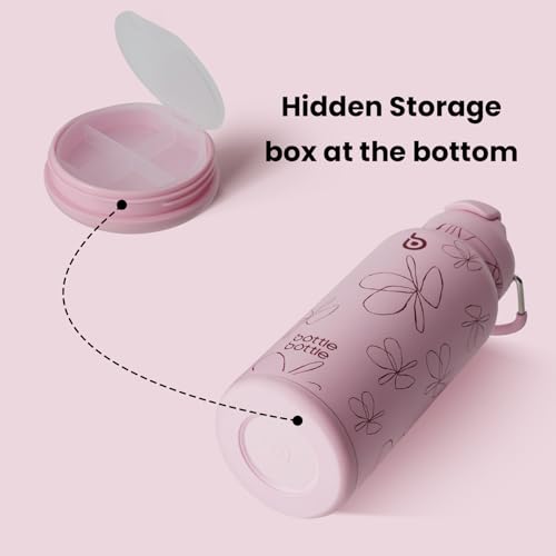 BOTTLE BOTTLE 32oz Insulated Water Bottle with Pill Box | Stainless Steel,Sport Water Bottle, with Straw Dual-use Lid and Pill Box, Design for Gym - color: pink flower