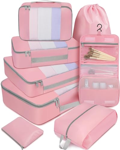 BAGAIL 6 Set/8 Set/10 Set Packing Cubes Various Sizes Packing Organizer for Travel Accessories Luggage Carry On Suitcase - color: 08-Pink, style: 8 Set-middle Mesh