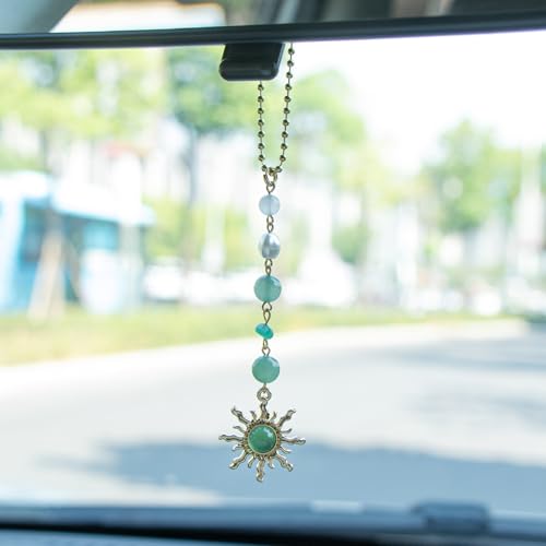 Sun Hanging Car Decor, Rear View Mirror Accessories, Cute Boho Car Accessories for Women, Handmade Charm, Natural Crystals Stones Ornament (Green Stone) - color: Green