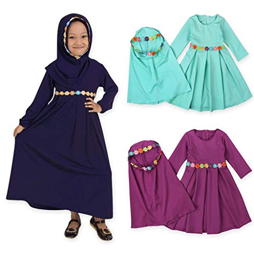 Baby Hijab Set Kids Muslim Prayer Kaftan Dress Clothes for Girls Long Sleeve Ramadan Abaya Dress Maxi Islamic Set - color: Dark Blue, size: 6-12 Months