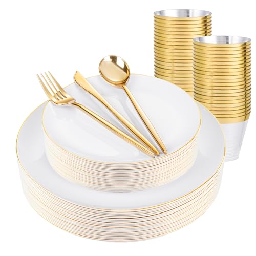 bUCLA 150PCS White and Gold Plastic Plates Disposable - 25 Guests Gold Dinnerware Set - Include 25 Each (Dinner & Dessert) Plates, 25 Knives, 25 Forks, 25 Spoons & 25 Cups for Party - color: White Gold, size: 25 Guests