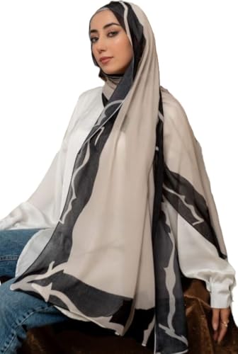 Hijab Modest and Elegant | Beautifully Designed Printed Chiffon Patterns | Muslim Women Head Scarf and Veil - color: Black B