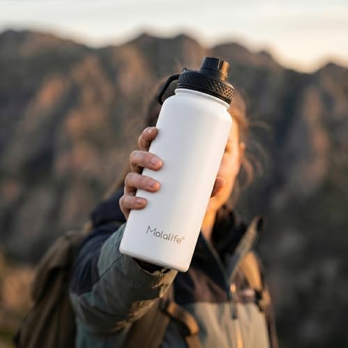 Water Bottle, BPA Free Insulated Stainless Steel, 32oz, Dual lids, Keep Cold 24H, Large Flask, Wide Mouth, Double Wall Metal Sport Drink Bottle, Camping, Gym, Hiking, Cream White - color: Cream White