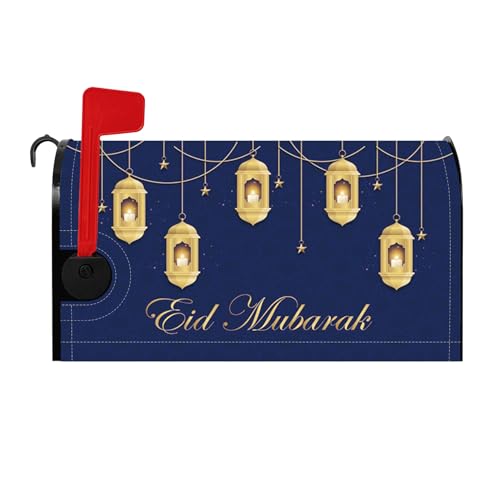 Eid Mubarak Magnetic Mailbox Cover Gold Lantern Star Night Muslim Festival Post Letter Box Wrap Decor Islamic Ramadan Eid Mailbox Covers for Muslim Arabian Outside Yard Decors 21x18 Inch - color: Deep Blue and Gold