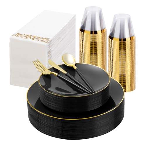 Bestluck 175 Pcs Black Gold Plastic Plates,Disposable Dinnerware Set - color: Black, size: 25 Guests