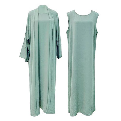 2PCS Women's Muslim Dresses Abaya Islamic Dubai Prayer Dress Robe Long Cardigan Maxi Dress - color: Light Green, size: X-Large