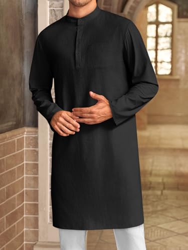 Gafeng Mens Kaftan Robe Button Down Long Sleeve Henley Cotton Thobe Casual Side Split Gown Shirt - color: Black, size: XX-Large