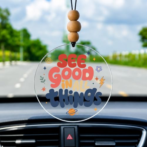 Talataca See Good in All Things 2D Flat Car Ornament & Wood Beads, Inspirational Quote Beaded Rear View Mirror Accessories, Retro Rearview Hanging Charm, Christmas Tree Decor - color: 32