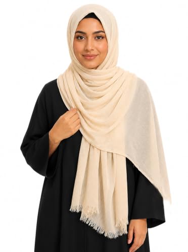 Cotton Linen Plain Hijab Scarf For Women,Muslim Viscose Crinkle Edge With Fringe,Summer Beach Wrap Headwraps Shawl - color: 21#beige