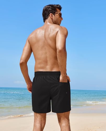 Gleeease 5 Inch Mens Swim Trunks with Compression Liner Men's Bathing Suit | Mens Swim Shorts 4 Pockets Quick Dry 2 in 1 Water Resistant Solid Stretch Breathable Surfing Beach Elastic Waistband Swimsuit - color: Solid Black, size: Large