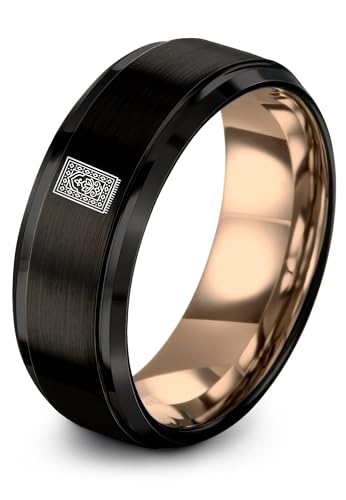 Gift for Muslim Devotee - Prayer Rug Pattern Ring - Black Yellow Rose Gold - Band - Anniversary Wedding - Personalized Custom Engraving - Flat Dome Bevel - 8mm - Men Women - Tungsten Carbide - color: 05 - Rose Gold Black Tungsten