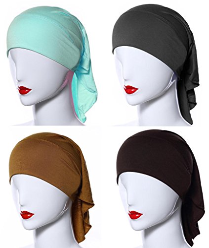 4 X Womens Muslim Mini Inner Hijab Caps Underscarf - color: Gary+coffee+camel+cornflowerblue