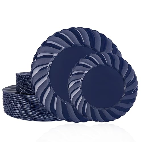 U-QE 60 Pcs Blue Plastic Plates for Party, Scalloped Blue Plates Disposable - color: Blue