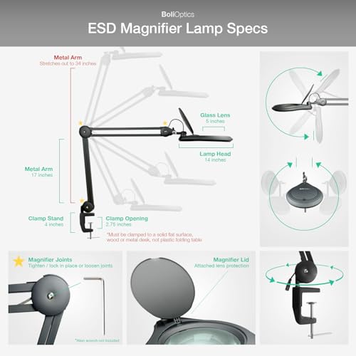 ESD Safe (Glass Lens) Professional LED Magnifying Lamp with Clamp (3 Diopter, 1.75X) Work Light, 4 Brightness Levels, Daylight Bright, 1200 Lumens, 5600K-6000K, Matte Black, BoliOptics MG16303122