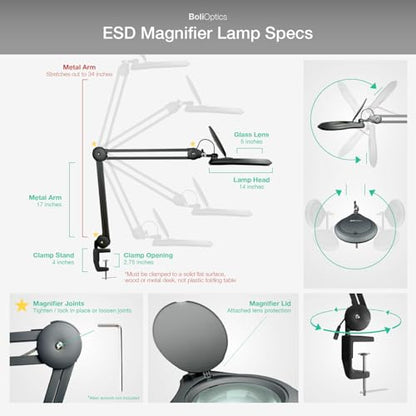 ESD Safe (Glass Lens) Professional LED Magnifying Lamp with Clamp (3 Diopter, 1.75X) Work Light, 4 Brightness Levels, Daylight Bright, 1200 Lumens, 5600K-6000K, Matte Black, BoliOptics MG16303122